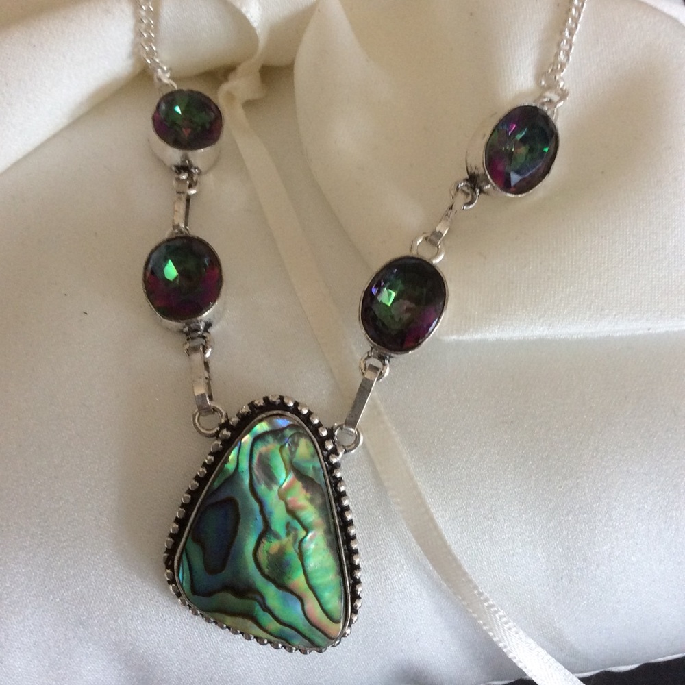 Sterling Silver Mystic Fire Topaz and Abalone Pearl Necklace Choker - Picture 9 of 11